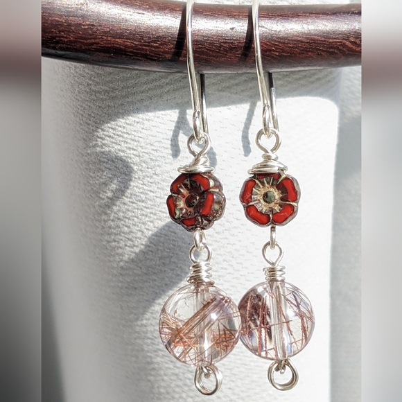 Artisan Sterling Silver Earrings Vibrant Red Flowers And Rutile Quartz Gems - Picture 5 of 14